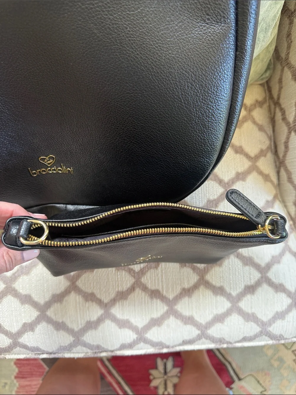 Braccialini Black Pebbled Leather Hobo with Matching Pouch-gorgeous!!